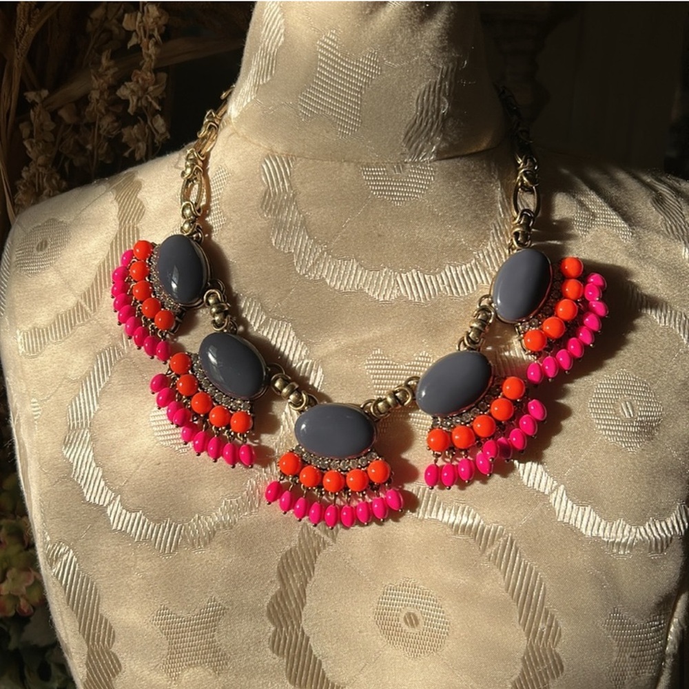 NWOT J.Crew Fringe Vibrant Pink and Blue Statement Necklace